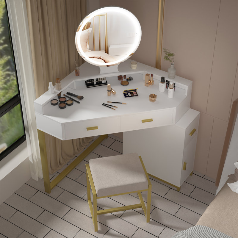 17 Stories Corner Vanity Desk with Lighted Mirror and Stool Wayfair